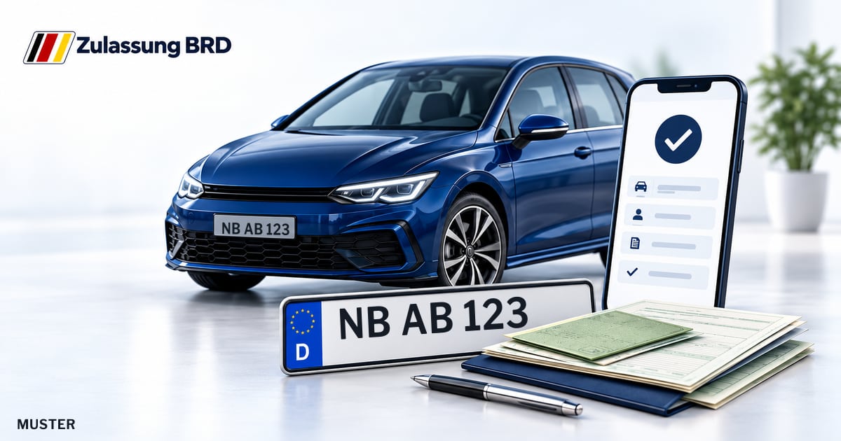 Online Fahrzeugzulassung in Neubrandenburg: Musterkennzeichen NB AB 123, Auto und Fahrzeugpapiere und Smartphone. Illustration mit Logo von Zulassung BRD.